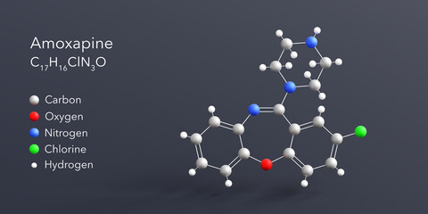 amoxapine molecule 3d rendering, flat molecular structure with chemical formula and atoms color coding