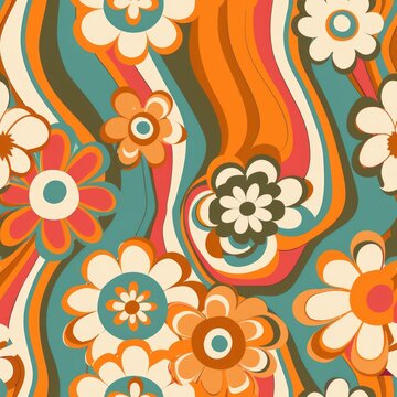 Seamless retro pattern. Trendy backgrounds in 70s style. Nostalgia, abstract floreal ornaments, vintage backgrounds, wallpaper