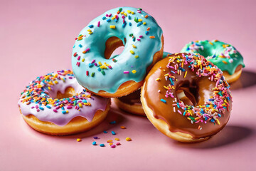 Glazed sprinkled sweet donuts on pastel pink background.