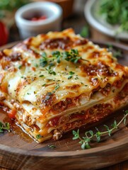 Delicious lasagna in the style of award winning food photography made with Generative AI