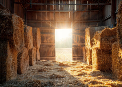 Straw bales and hay in barn at sunset