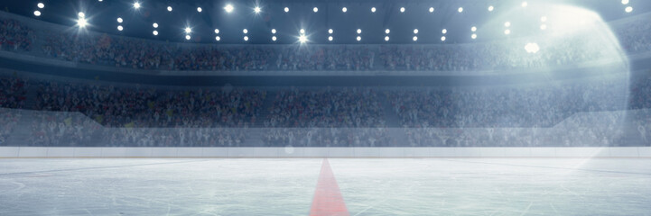 3D model of empty ice rink stadium arena for sportive competition, championship. Stadium with filled stands with sports hockey fans. Concept of sport, competition, match, game, action, tournament