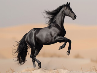 Black horse runs gallop on sand in the desert