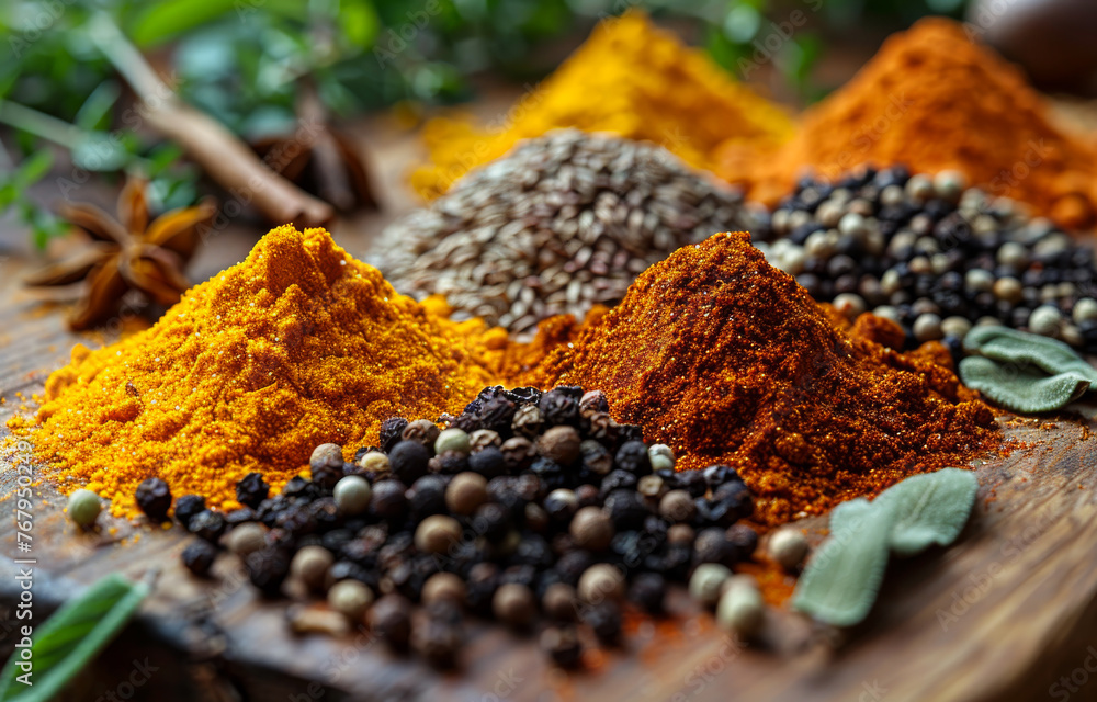 Aufkleber selection of various colorful spices on wooden table in close up view with shallow depth of field