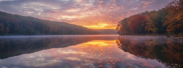A calm, reflective lake at sunrise, surrounded by autumn colors.