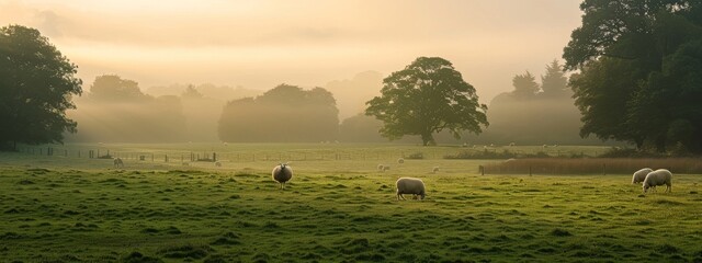 A calm, pastoral scene with sheep grazing in a green field. - obrazy, fototapety, plakaty