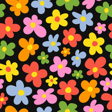 Abstract floral seamless pattern with cute groovy flowers on a black background. Vector illustration