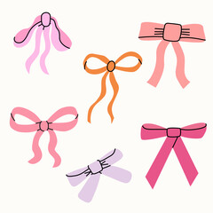 Set of various thin bows, gift ribbons. Bowknots in hand-drawn and flat styles. Fashionable vector illustration. Hair accessory. Bows for gift wrapping