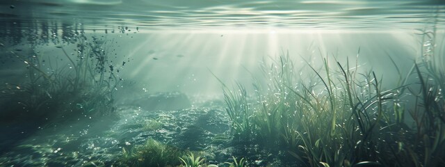 A calm, underwater scene with gentle light filtering through the water. - obrazy, fototapety, plakaty