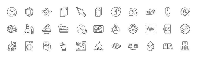 Deflation, Megaphone and Smartphone notification line icons. Pack of Dermatologically tested, Chemistry experiment, Video conference icon. Mouse cursor, Smile, Touchscreen gesture pictogram. Vector