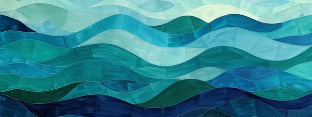 A calming, geometric pattern of waves in shades of blue and green. - obrazy, fototapety, plakaty