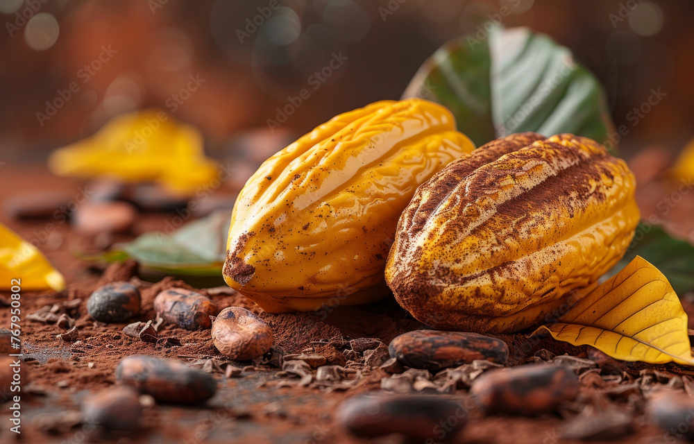 Poster cocoa pods and cocoa beans on brown background