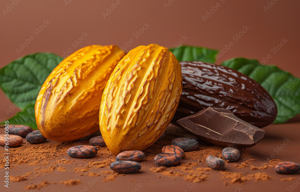 Aufkleber cocoa beans and cocoa pod with cocoa powder and pieces of dark chocolate with cocoa leaves on brown 