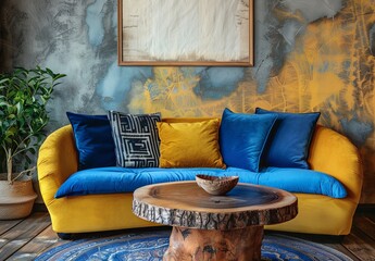 yellow curved sofa with blue cushions and round rustic wood coffee table against stucco wall with poster.boho home interior design of modern living room