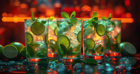 Cold cocktail mojito and lime with mint and ice on the bar
