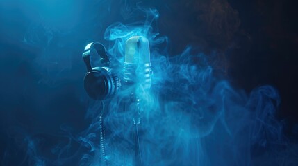 An ethereal podcast scene, a transparent ghost hosting, with vintage mic and headphones