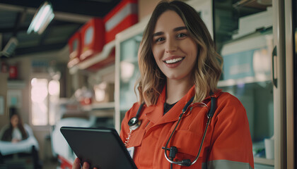 smiling female paramedic with tablet in clinic