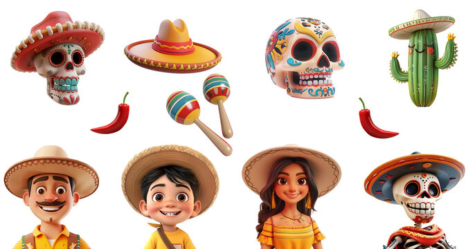 Set of Decorative Elements for Cinco de Mayo and Day of the Dead in Mexican Style Simple 3D Cartoon Render, Isolated on Transparent Background, PNG
