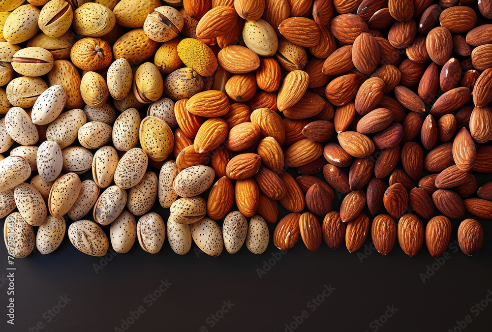 Poster assorted nuts in line on black background