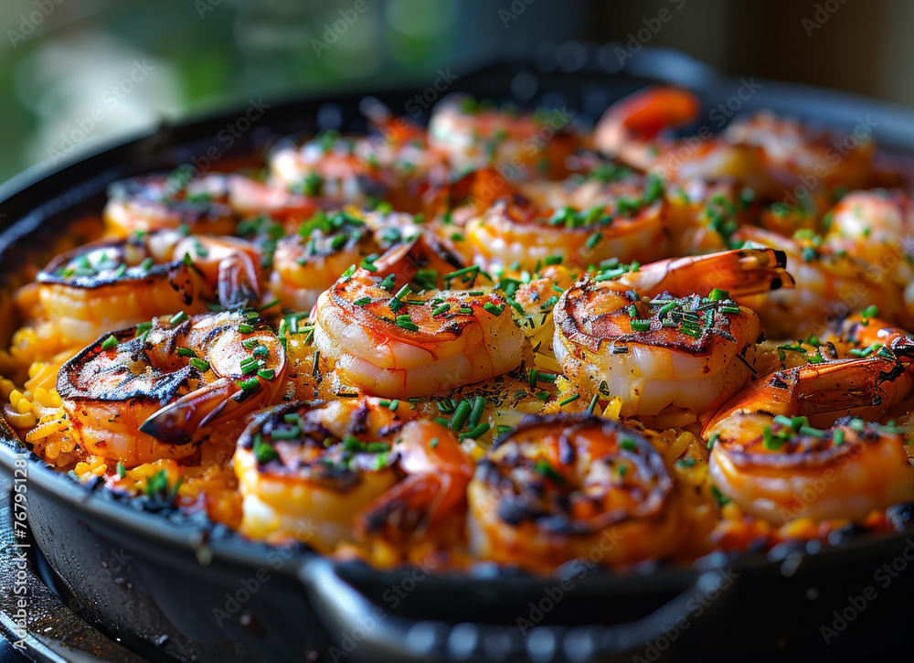 Wall mural Paella with shrimps rice and squid in pan