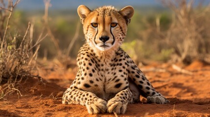A baby cheetah is laying on the ground in a dry, dusty area
