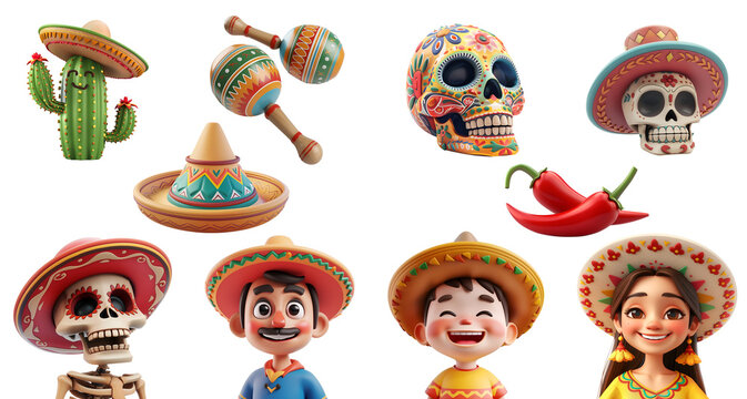 Simple 3D Cartoon Illustration of Mexican Elements for Cinco de Mayo and Day of the Dead Decor, Isolated on Transparent Background, PNG