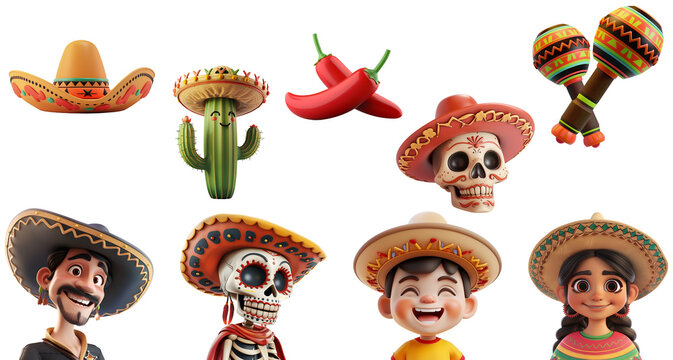 Cinco de Mayo and Day of the Dead Decoration with Mexican Elements in Simple 3D Cartoon Render, Isolated on Transparent Background, PNG
