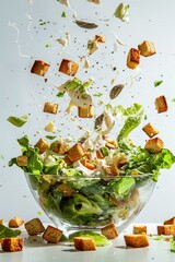 An epic stylized advertise photo of Caesar Salad bursting energetically from a crystal clear glass bowl, along with croutons and anchovies floating up, set against a crisp white background - obrazy, fototapety, plakaty