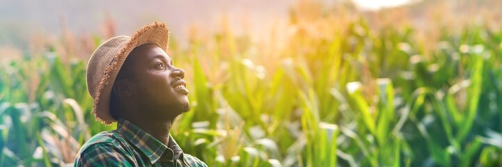 African farmer posing with smile in the corn field, agriculture and success concept