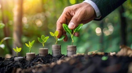 A businessman in the process of placing a young plant on top of incrementally taller stacks of coins, implying investment and growth