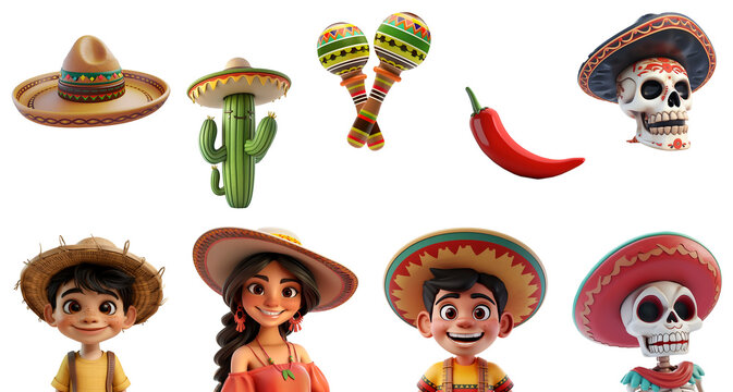 Mexican Elements in Simple 3D Cartoon Render for Cinco de Mayo and Day of the Dead Decor, Isolated on Transparent Background, PNG