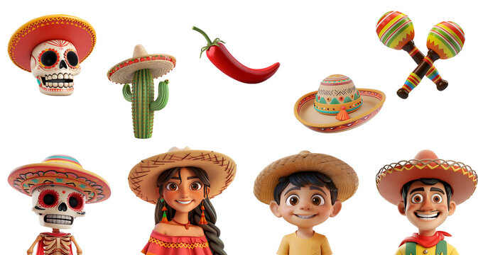 3D Simple Cartoon Render of Mexican Elements for Cinco de Mayo and Day of the Dead Decoration, Isolated on Transparent Background, PNG