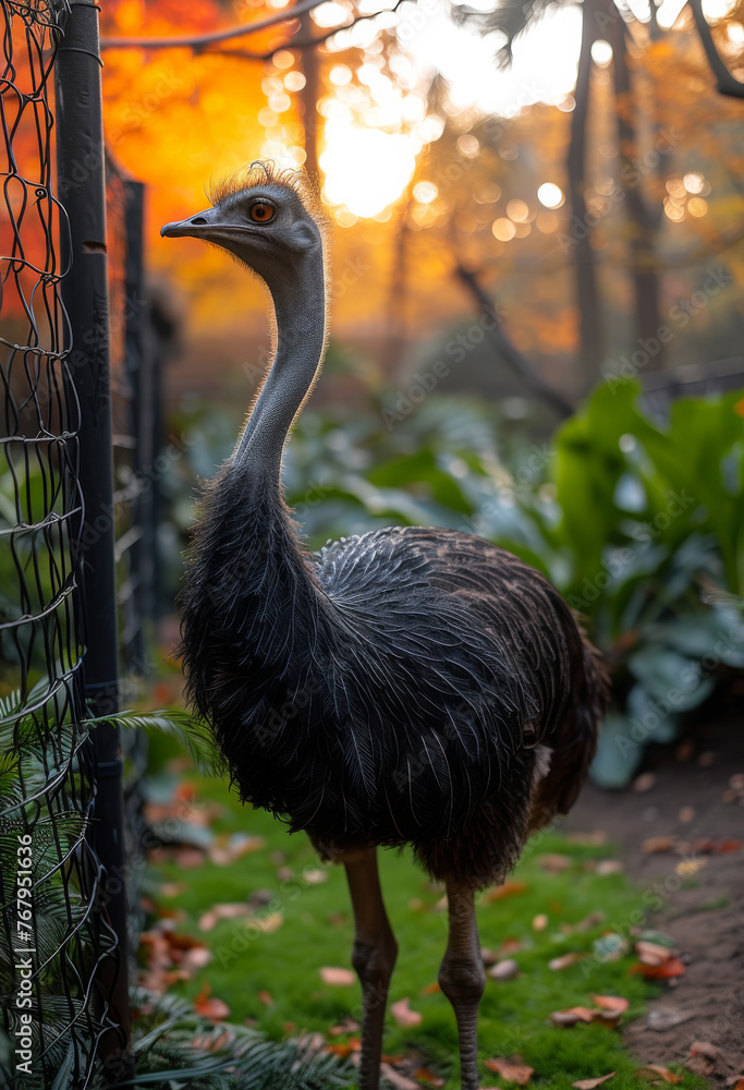 Poster ostrich standing in the grass with fence and trees in the background