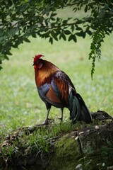 A selective shot of a rooster on a roc