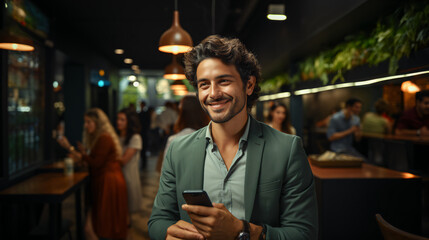 A man in a green suit is smiling and holding a cell phone. He is surrounded by other people in the...
