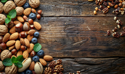 Different types of nuts on brown wooden table - Powered by Adobe