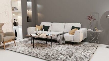 3D render of a cozy interior of a living room with a white couch, coffee table and decorative vases
