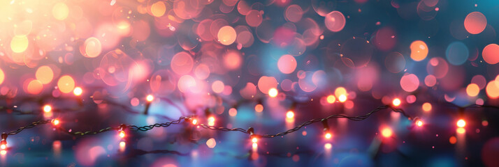 Festive lights and bokeh Christmas background with colorful string of light decoration on purple blue gradient background,Happy New Year Celebration Sparkles Banner,