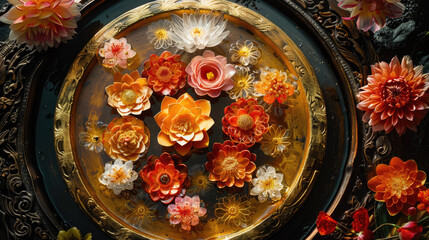 A Flowers floating on a luxurious gold dish.