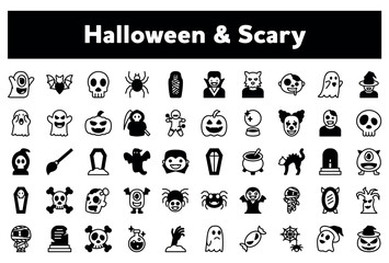 Vector illustration of a set of Halloween and scary icons on white background