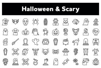 Vector illustration of a set of Halloween and scary icons on white background