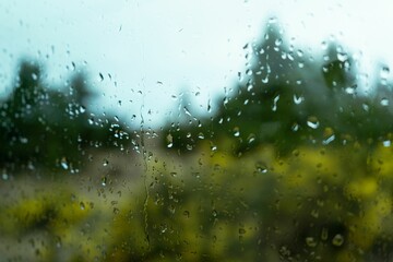Blurry view of a wet window glass on a rainy day.