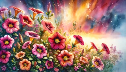 Vibrant Watercolor Painting of Cabaret Pink Star Calibrachoa Flowers - obrazy, fototapety, plakaty