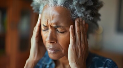 A middle aged woman having a severe headache - obrazy, fototapety, plakaty
