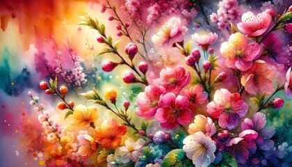 Fototapeta na wymiar Vibrant Watercolor Painting of Cherry Blossom Flowers