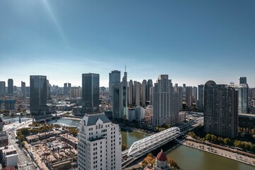 Fototapeta premium Aerial photo of Haihe River Scenic Line of Tianjin, a riverside city in China