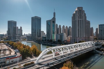 Obraz premium Aerial photo of Haihe River Scenic Line of Tianjin, a riverside city in China