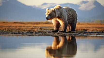 A bear is walking across a field near a body of water - obrazy, fototapety, plakaty