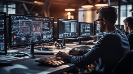 A man is seated at a desk, working with intense focus in front of three computer monitors - obrazy, fototapety, plakaty