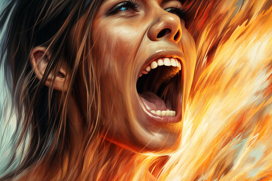 A painting of a woman with her mouth open and a striking expression on her face against a fiery background. Aggression, depression, stress
